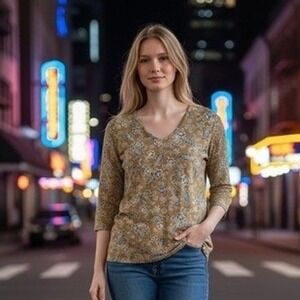 ✨J Jill Wearever Collection Womens Small Tan Floral Print V-Neck 3/4 Sleeve Top